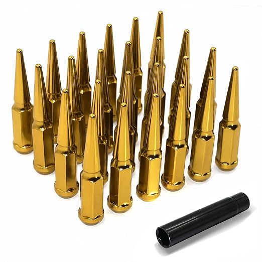 1/2"-20 Gold Wheel Spike Lug Nuts, 24 PCS Lug Nut Accessories with 1 Socket Key, Thread Spiked 4.4" Long Closed End Nuts Compatible with Wrangler Cherokee Explorer