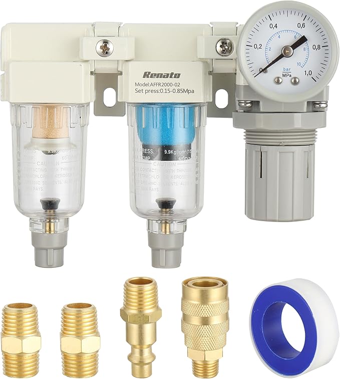 1/4" NPT Three Stage Air Drying System - 0.01 Micron Particulate Filter Air Pressure Regulator Combo - 0-125psi Gauge, Semi-Auto Drain, Metal Bracket