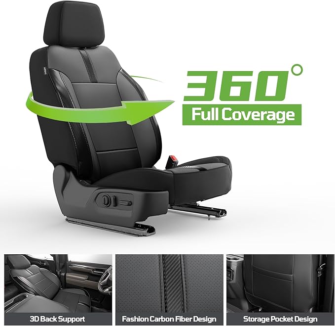 Seat Covers Fit for Chevy Silverado 1500 & GMC Sierra 1500 Crew Cab(2019-2025),Faux Leather Automotive Seat Covers,Custom Pickup Car Seat Covers Full Set,Black(with Rear Cup Holder/Seat Back Storage)