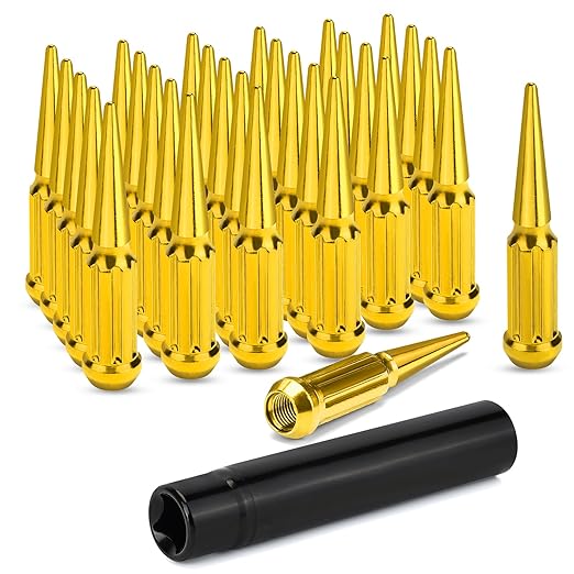M14x2 Spike Lug Nuts, Set of 24 Gold Spline Spiked Lug Nut with Key for Jeep Wrangler 1987-2024 Ford Expedition 2000-2024 F-250 F-350 1999-2024, 14x2 Acorn Solid Metal Truck LugNut