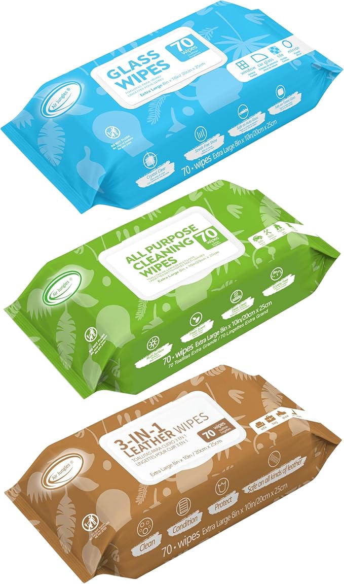 Air Jungles Car Interior Cleaning Wipes Set 210 Count, XL 8" x 10" Wipe for Car Leather Seat, Windshield Window Mirror Cleaning, Steering Wheel & Vinyl Cleaning, Multi-Purpose Wipes