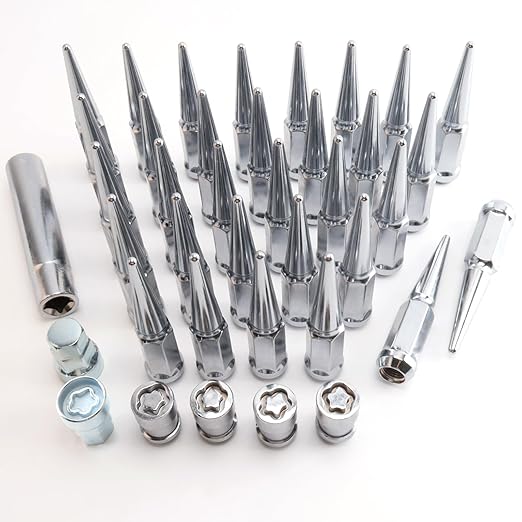 M14 x 1.5mm Wheel LocksSet, Fit for Ram 1500, Ram 2500, Ram 3500, F-150, F-250, F-350, Expedition, 4 Locking Lug Nuts 2 Pcs Key with 32Pcs Spike Lug Nuts+1 Key, Chrome