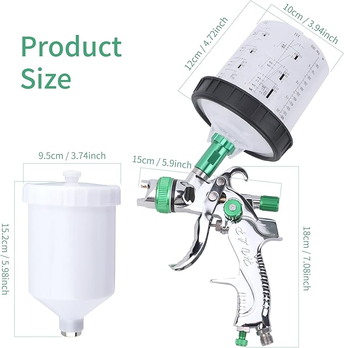 HVLP Spray Gun with 10Pcs 600ML Disposable Paint Cups, 4 Nozzles,1.4/1.7/2.0/2.5mm, Automotive Gravity Feed Paint Spray Gun Kit with Air Compressor Regulator for Auto (Green)