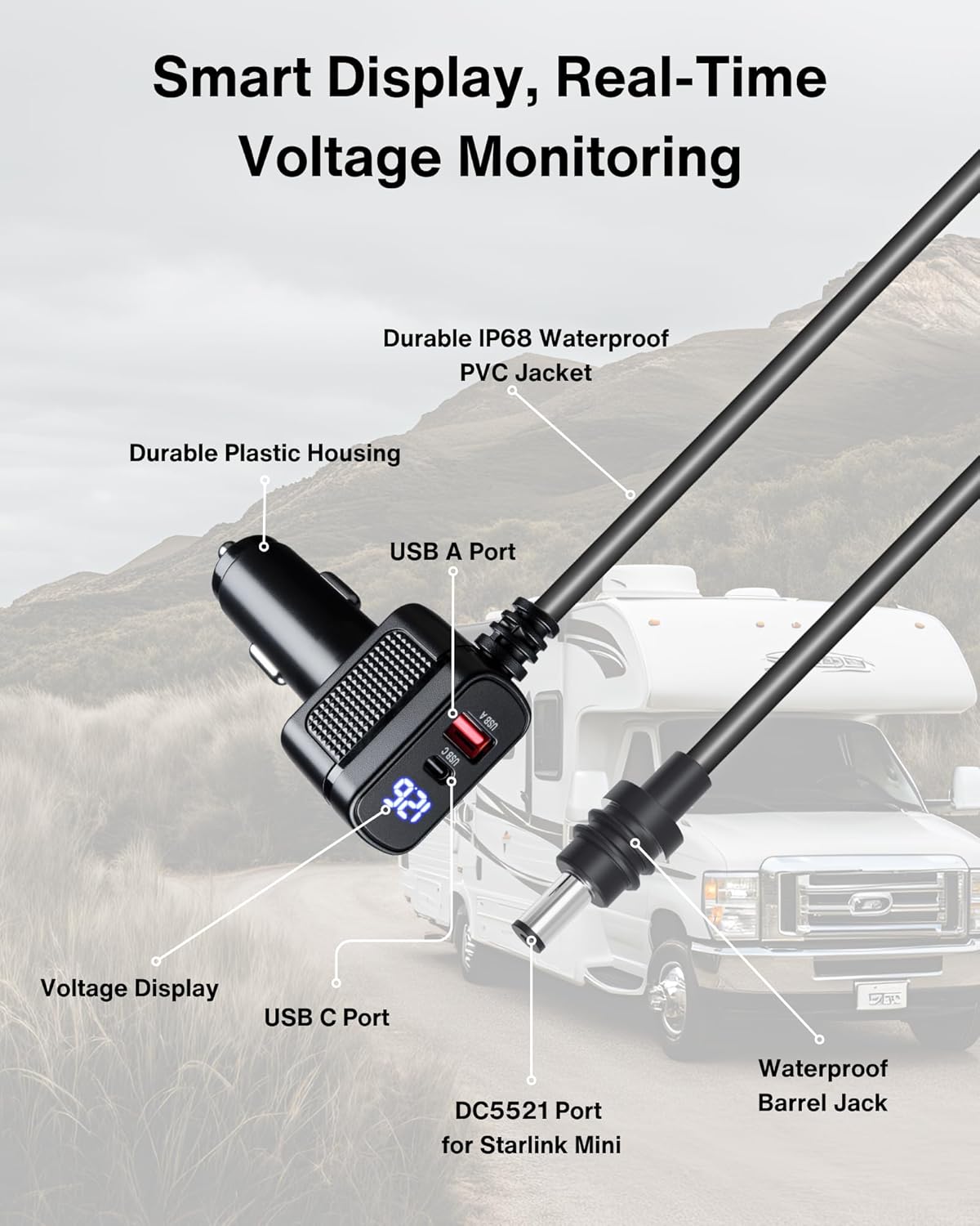 Car Charger Cable for Starlink Mini 10FT with Display - 12-24V Cigarette Lighter to DC Power Cable, 60W DC + 33W Dual USB-C/USB-A Adapter for Trucks, RVs & Boats, 18AWG Cord with Voltage Monitoring