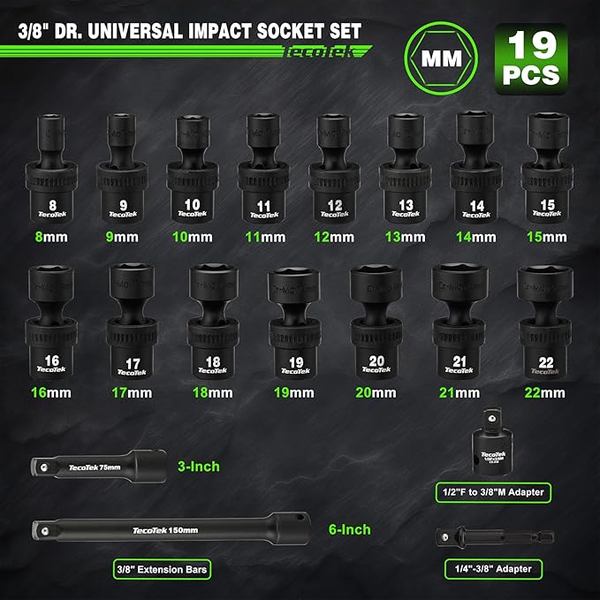 19 PCS 3/8" Drive Shallow Universal Impact Socket Set, Swivel Socket Set, 8-22mm, Metric Socket Set with Flexible Wobble, Cr-Mo Steel, Includes Extension Bars and Adapter