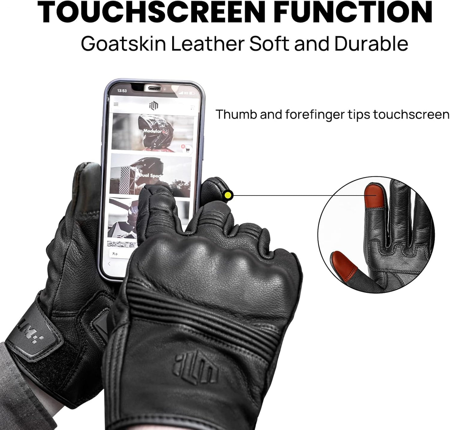 ILM Goatskin Leather Motorcycle Motorbike Powersports Racing Gloves Touchscreen for Men and Women Model DN01(S, Black Unperforated)