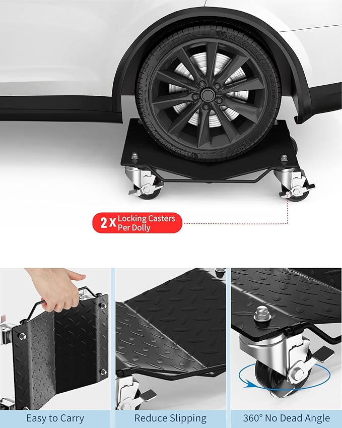 Car Wheel Dolly Set of 4,6000 LBS Capacity Heavy Duty Vehicle Mover Dolly with Brakes for Moving Cars, Trucks, Trailers and Motorcycles, Black