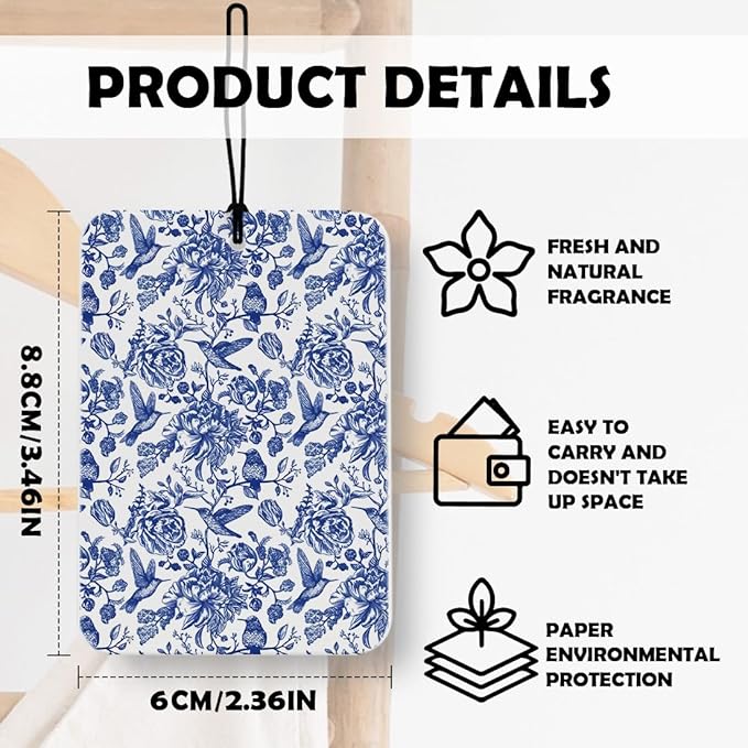 Chinoiserie Vintage Floral Bird Car Air Freshener 3 Pcs, Blue and White Grandmillennial Cottagecore Flower Decor for Cars Closet Drawer Books Accessories Gifts