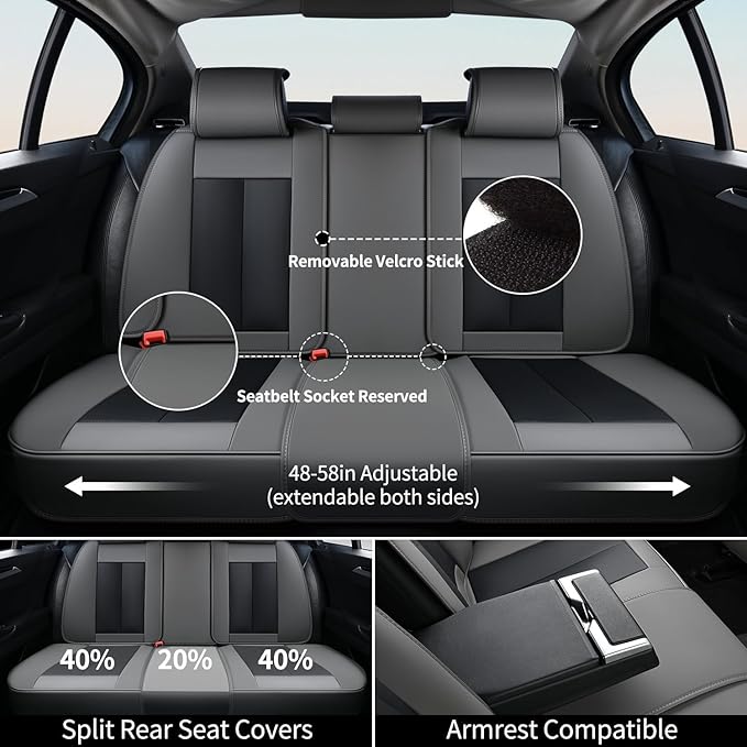 FLORICH Full Set Car Seat Covers 5pcs, Breathable Waterproof Nappa Leather Seat Covers, Gary Seat Covers, Automotive Interior Cover Universal for Cars SUV Truck Sedan - Gary&Black