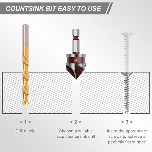 5PCS Countersink Drill Bit Set, 82 Degree HSS Counter Sink Drill Bit for Wood, Metal, Plastic, 1/4"-3/4" with 1/4" Hex Shank Countersink Bit Set