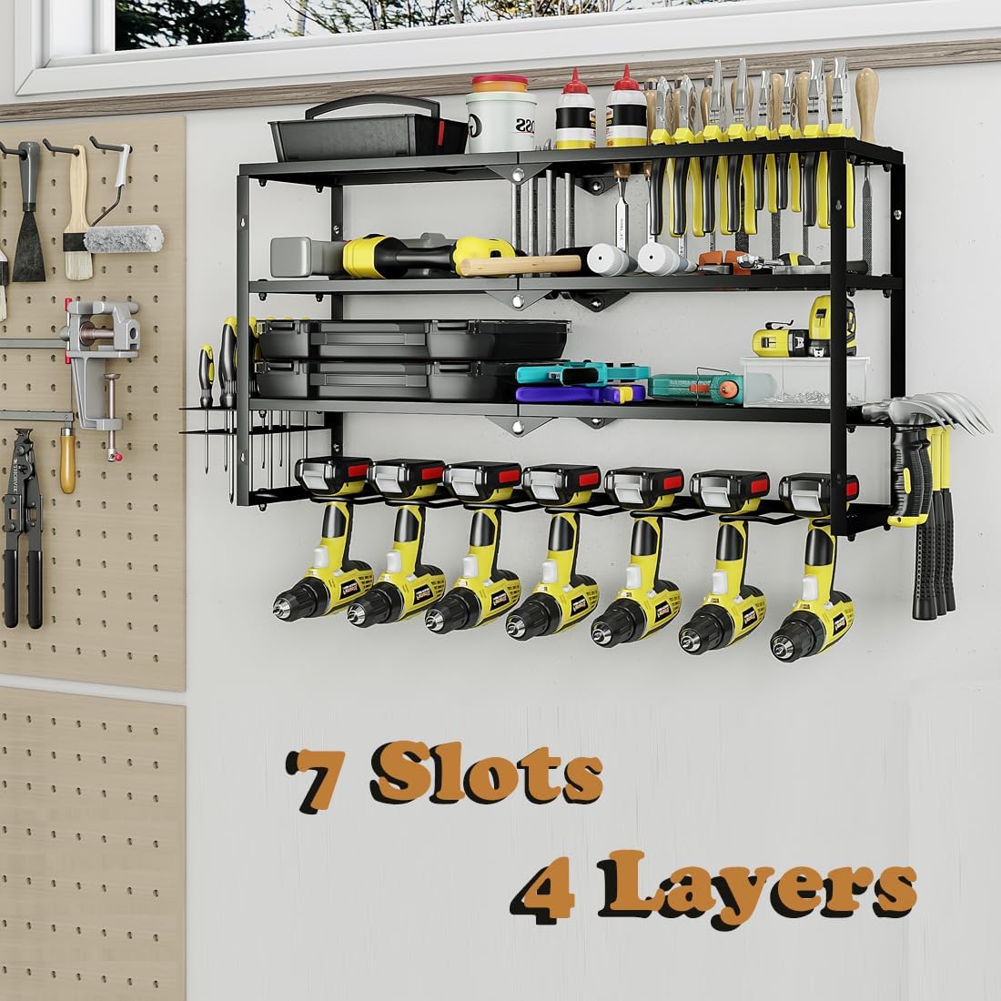AZERPIAN Tool Organizer Heavy Duty Power Wall Mount for Drill and Cordless Tools Heavy Duty Rack for Garage Organization Workshop Pegboard (3 Layers 7 Slots)