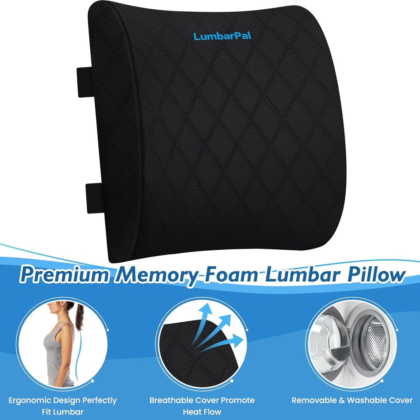 Lumbar Support Pillow for Office Chair Back Support Lumbar Pillow for Car, Gaming, Office Chair - Improve Sitting Posture & Back Pain Relief, Memory Foam, Adjustable Straps, Black