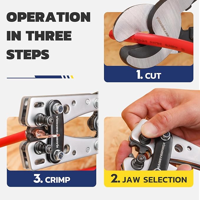 haisstronica Heavy Duty Battery Cable Crimping Tool Kit-Ratchet Hex Extended Handle Crimper for 8,6,4,2,1,1/0 AWG Copper Lugs with Blow Molded Box,Cable Cutter, 48PCS Copper Lugs&Heat Shrink Tubing