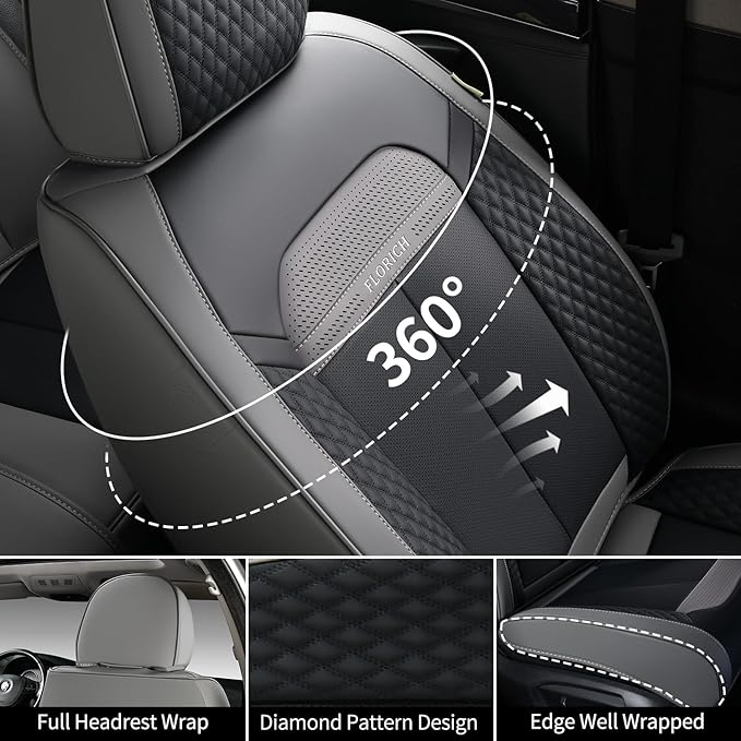 FLORICH 2 Pair Car Seat Covers, Luxury Leather Seat Covers Universal Anti-Slip Driver Seat Cover, Automotive Vehicle Seat Covers fit for Trucks Vans SUVs Sedans (2 Packs, Gary&Black)