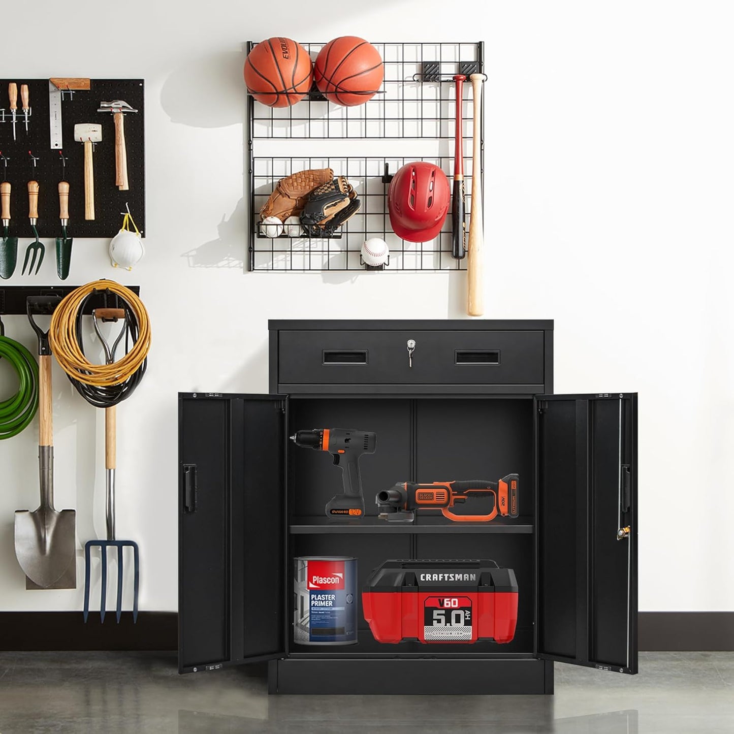 Metal Storage Cabinet, Locking Cabinet with One Drawer and Adjustable Shelf, 36.2" H x 28" W x 16" D Steel Storage Cabinet for Office, Garage, Home-Black