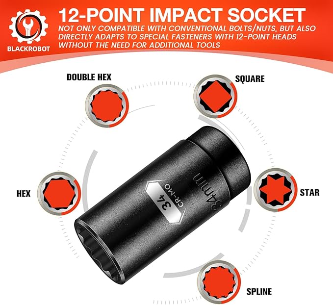 BLACKROBOT 34 mm 12-Point Deep Impact Socket, 1/2 Inch Drive, Metric, Black Manganese Phosphate Coating
