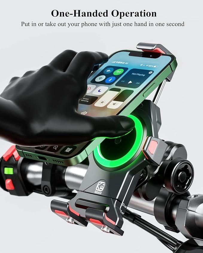 BRCOVAN Motorcycle Phone Mount with Qi 15W Wireless Charger & Vibration Dampener, Anti-Theft, Anti-Shake, Adjustable, Aluminum Alloy Motorcycle Handlebar Cellphone Holder for 4.7''-7.2'' Smartphones