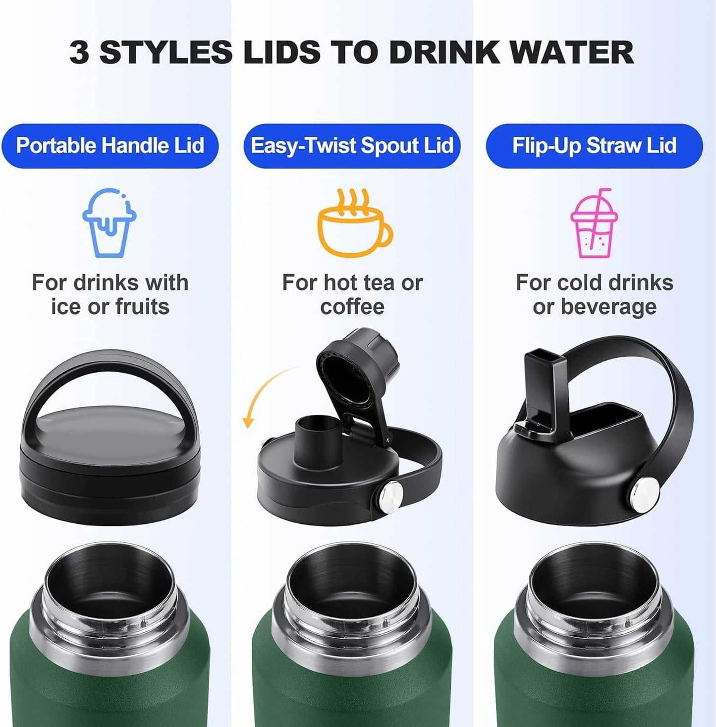 SENDESTAR 40oz Water Bottle Wide Mouth Stainless Steel Vacuum Insulated Double Wall with 2 Straw Lids Fit in Any Car Cup Holder TXIN-40-Dark Green