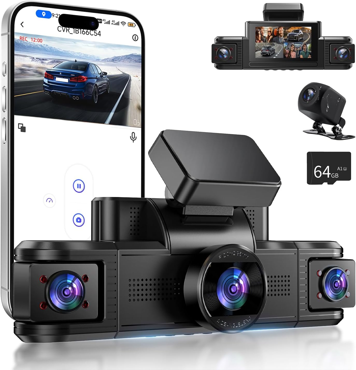 4 Channel Dash Cam 360° View, Front and Rear Inside Left Right, 2K Dash Camera for Cars, Built-in 5G WiFi & APP Control, Night Vision, G-Sensor, 24/7 Recording Parking Mode, with 64GB SD Card