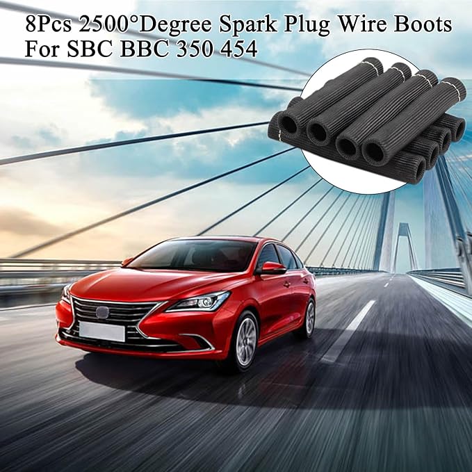 8Pcs 2500° Degree Spark Plug Wire Boots Heat Shield Protector Sleeve Cover Compatible with SBC BBC 350 454,6 Inch, Black