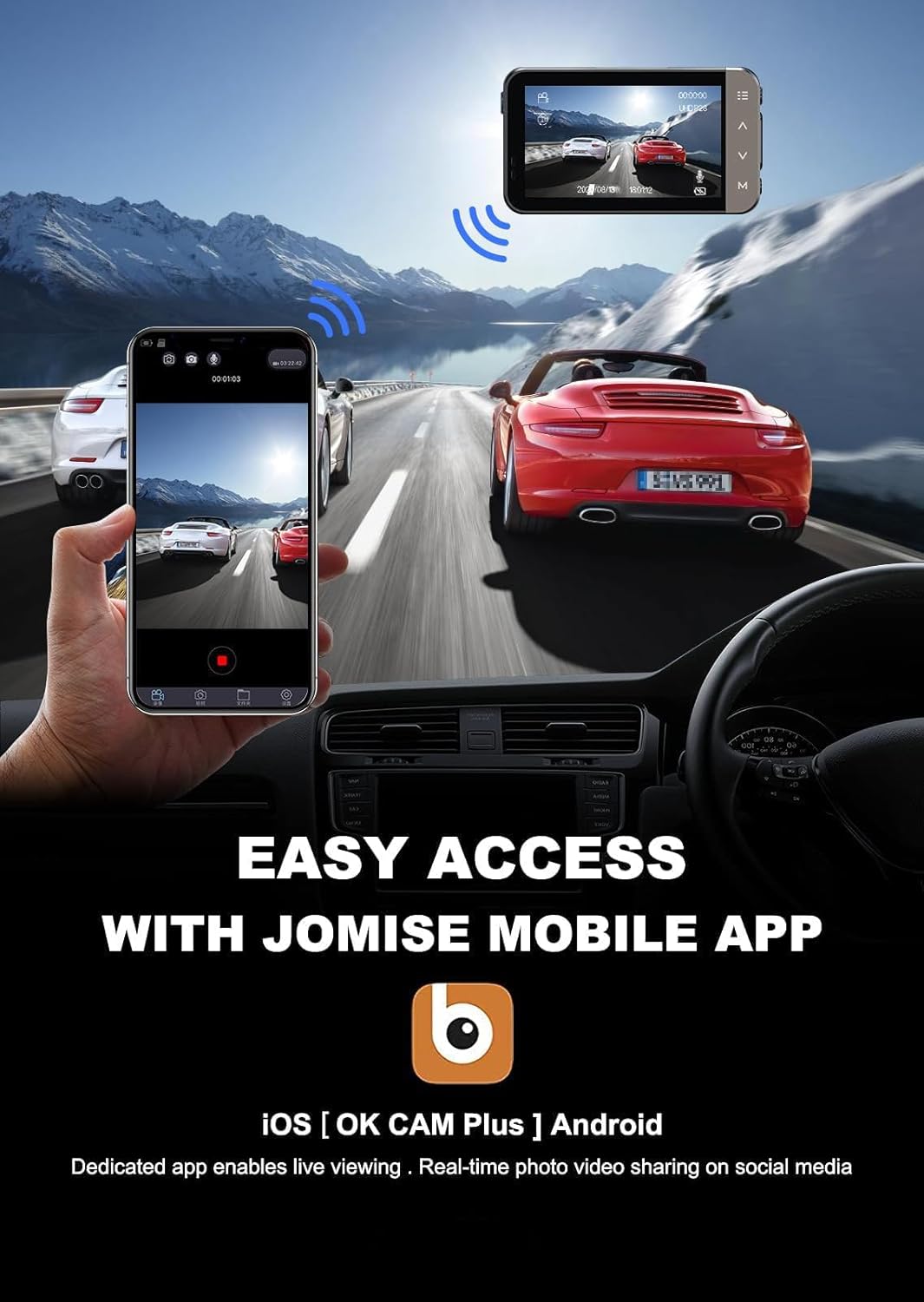 JOMISE Dash Cam Front and Rear 4K+1080P, 3" LCD, Starvis Sensor, Built-in GPS, WDR, Night Vision, Dash Camera for Cars with WiFi, Parking Mode, 32GB Card, Reliable Dashcam for Safety Recording