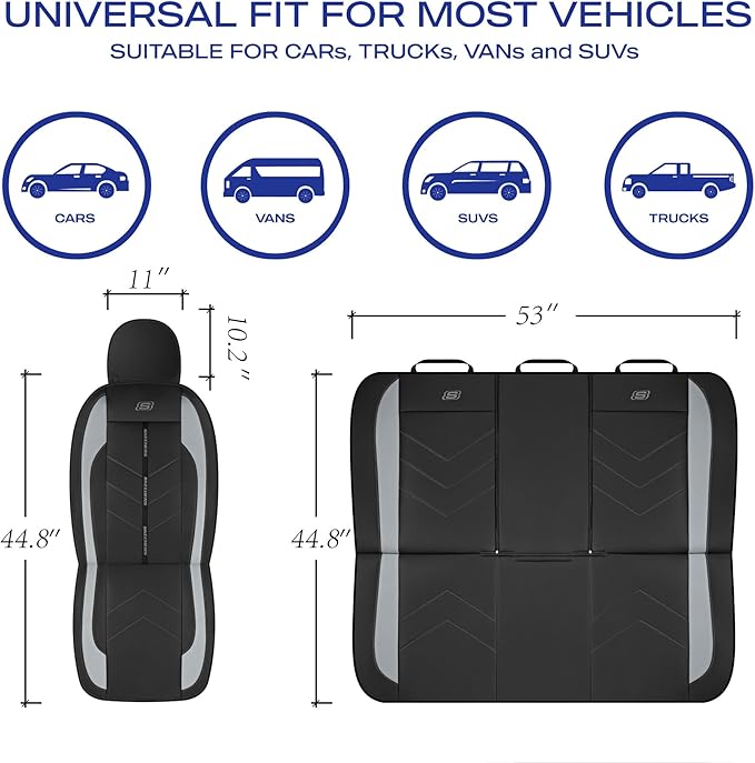 Skechers Car Seat Covers,Luxury Faux Leather Seat Covers,Waterproof Anti Slip Car Seat ProtectorFull Set,Car Accessories Airbag Universal Fit for Most Cars,Vans,Trucks,SUV,Grey