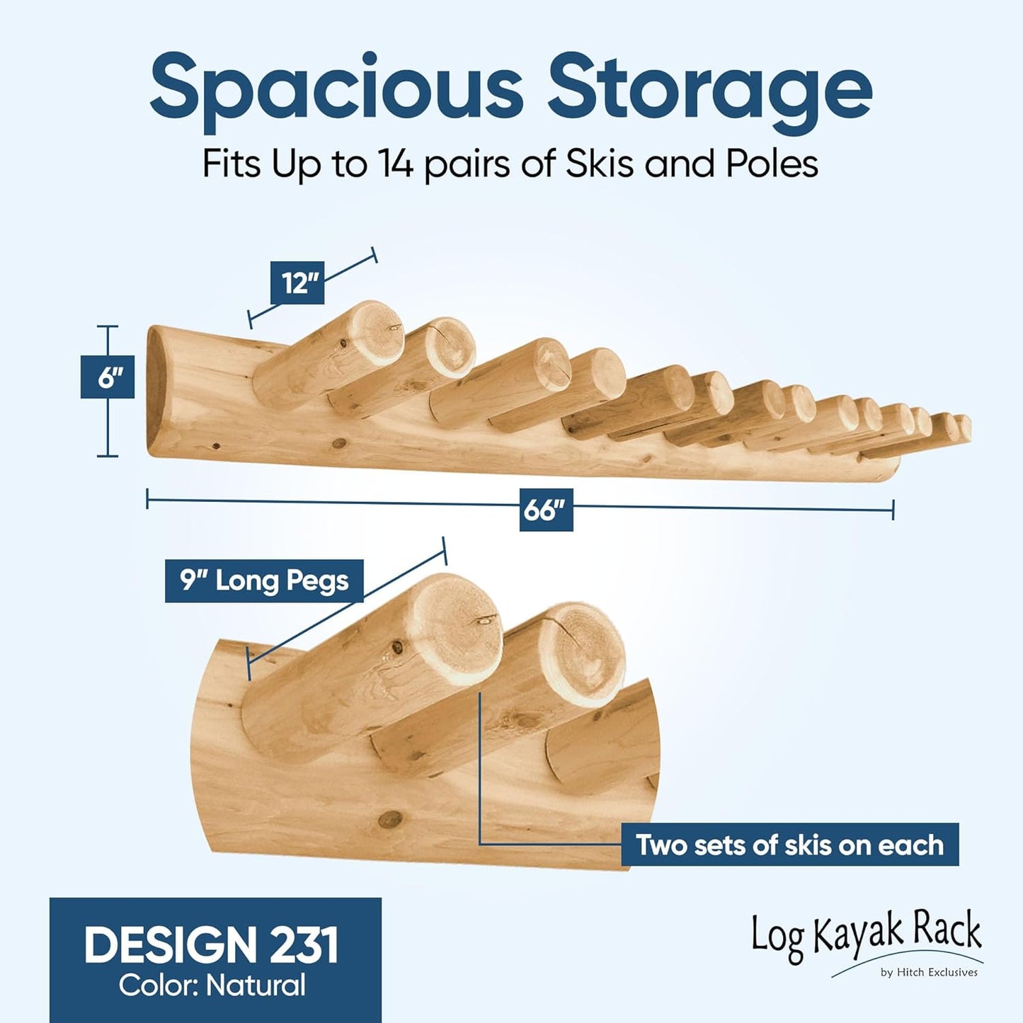 14-Place Log Ski Rack Wall Mount, Indoor Ski Storage Rack for Garage Organizers, Wooden Skis Wall Mount Storage Racks, Pole Skis Sports Racks, Garage Organization Walls - Natural
