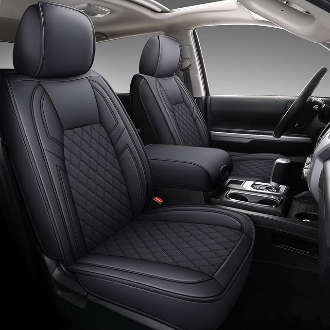 Coverado Front Seat Covers for Toyota Tundra 2007-2021, Leather Car Seat Covers Compatible with Crew, CrewMax, Extended, and Double Cab, Black Automotive Seat Covers for Trucks
