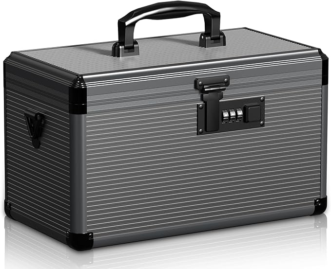 Medicine Lock Box with Code, Locking Medicine Box with Removable Tray & Pocket Bag, Portable First Aid Box for Home, 14 * 8.85 * 7.5 Inch (Black)