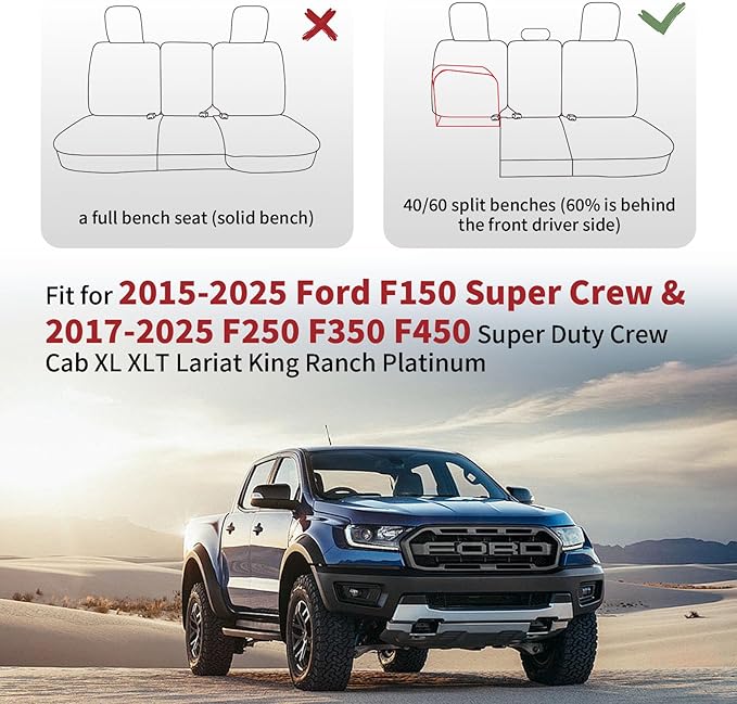 Huidasource F150 Rear Bench Car Seat Covers, Leather Back Row Seat Cushion Cover Fit for 2015-2025 Ford F150 SuperCrew & 2017-2025 F250 F350 F450 Super Duty Crew Cab XL XLT Lariat(Back Row/Black)