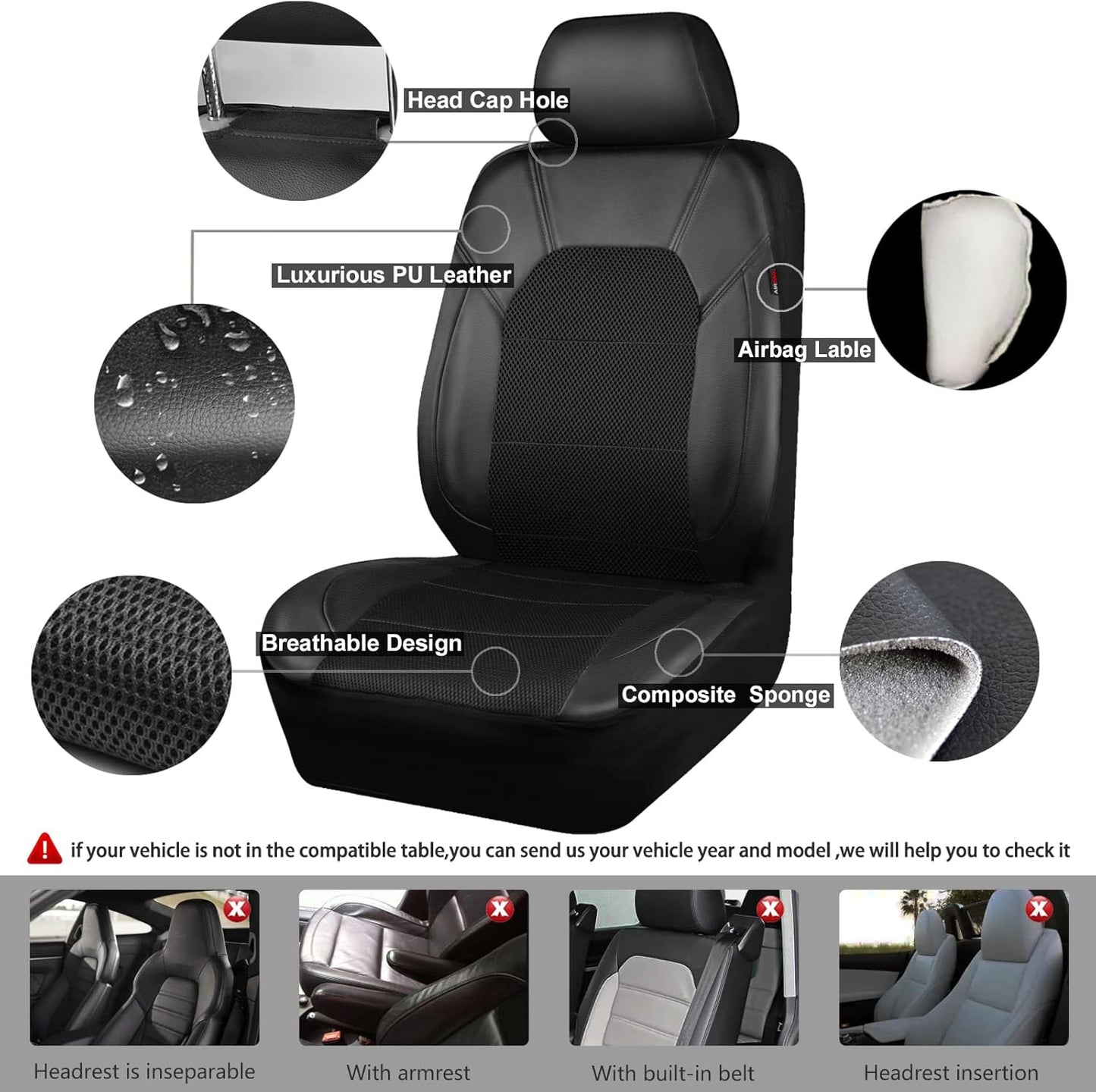 CAR PASS Leather Two Front Car Seat Cover; 4Pcs Waterproof Car Floor Mats & Steering Wheel Cover,Universal Fit Airbag Compatible Automotive Interior Covers (Combo Set, Black)