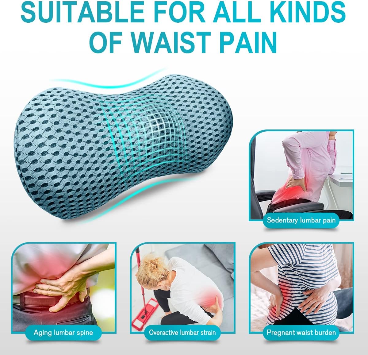 Lumbar Support Pillow for Office Chair, Memory Foam Lumbar Pillow for Lower Back Pain Relief (Blue)