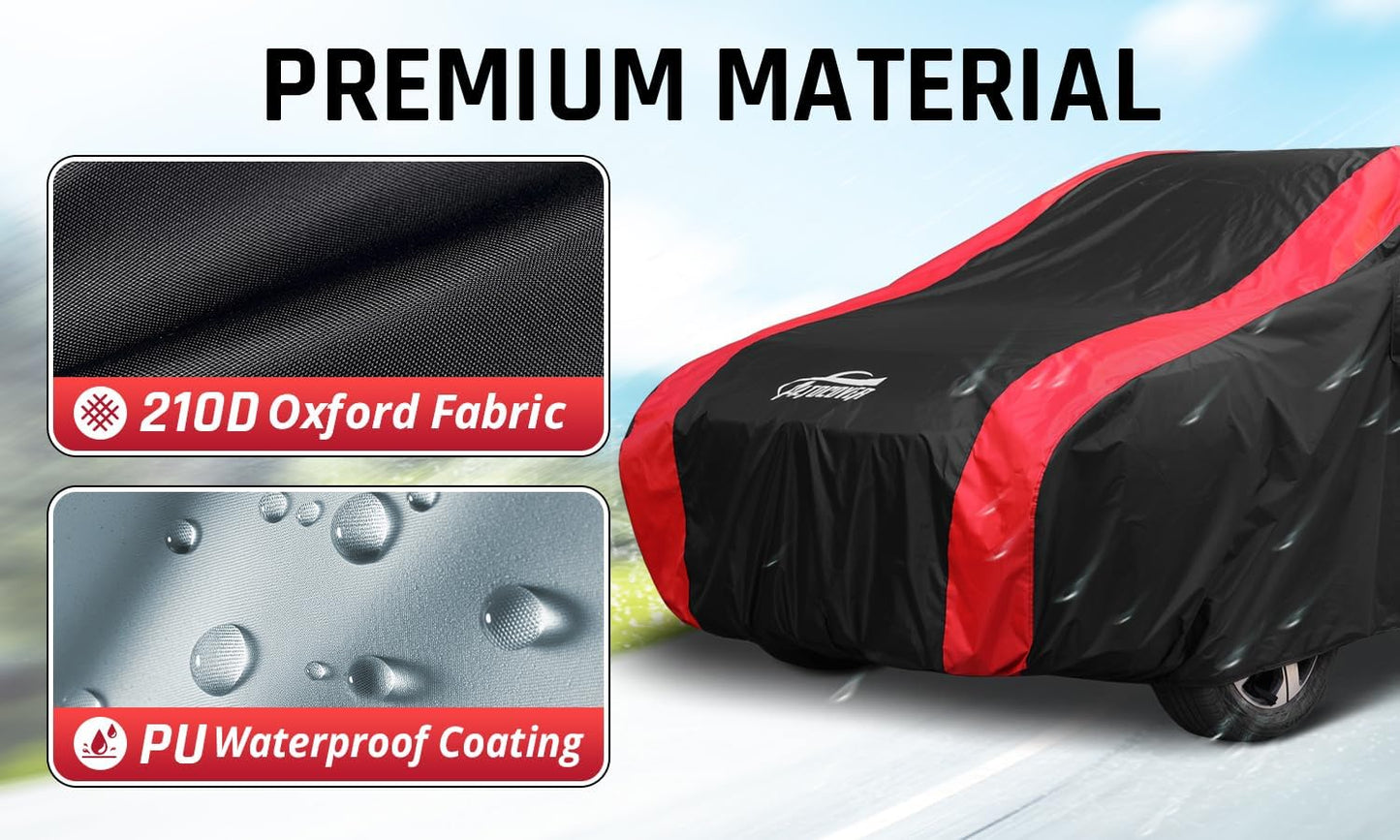 Hatchback Car Cover All Weather Protection with Red Stripe Design,Small SUV Car Cover Universal Fit Nissan Leaf, Honda Civic Hatchback, Mazda 3 Hatchback, VW Golf, Toyota Corolla Hatchback