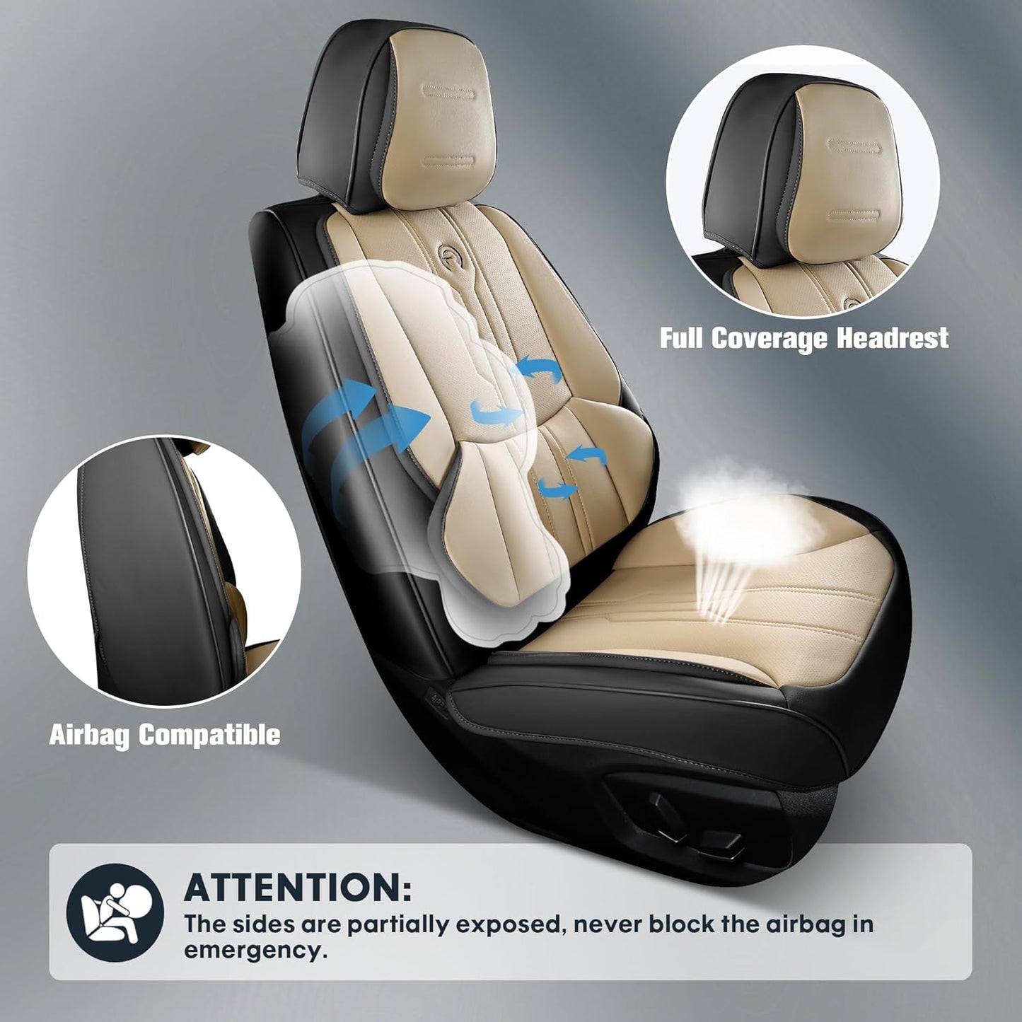 AOOG Car Seat Covers Full Set, Leather Seat Covers for Car, Waterproof Car Seat Protector with Lumbar Support, Automotive Seat Covers Universal Fit for Most Cars SUV Trucks (Full Set, Beige&Black)