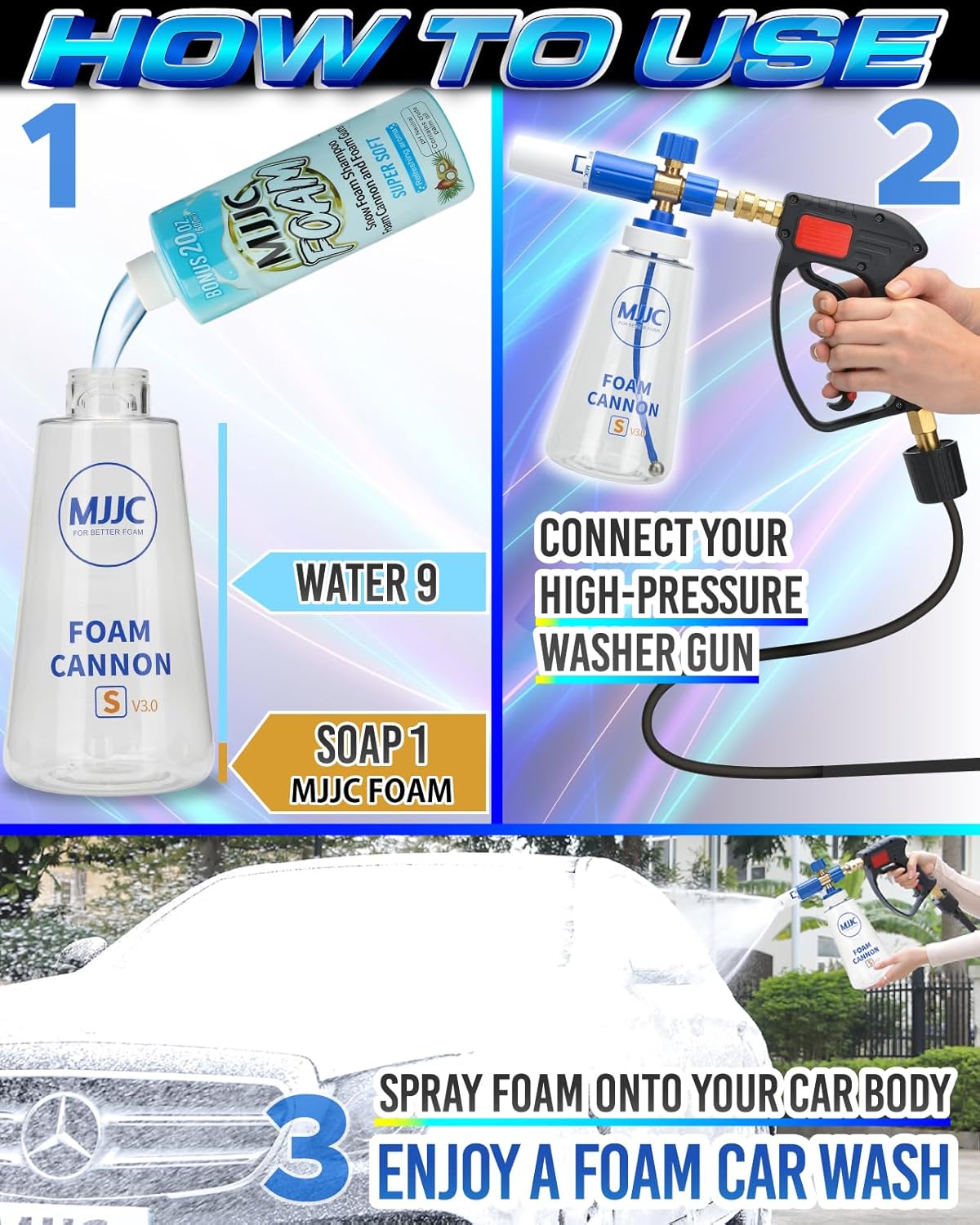 MJJC Foam Cannon S V3.0 (Thicker Snow Foam Technology) with 1/4 Inch Quick Connector for Pressure Washer Foam Soap(20 fl oz) Kit