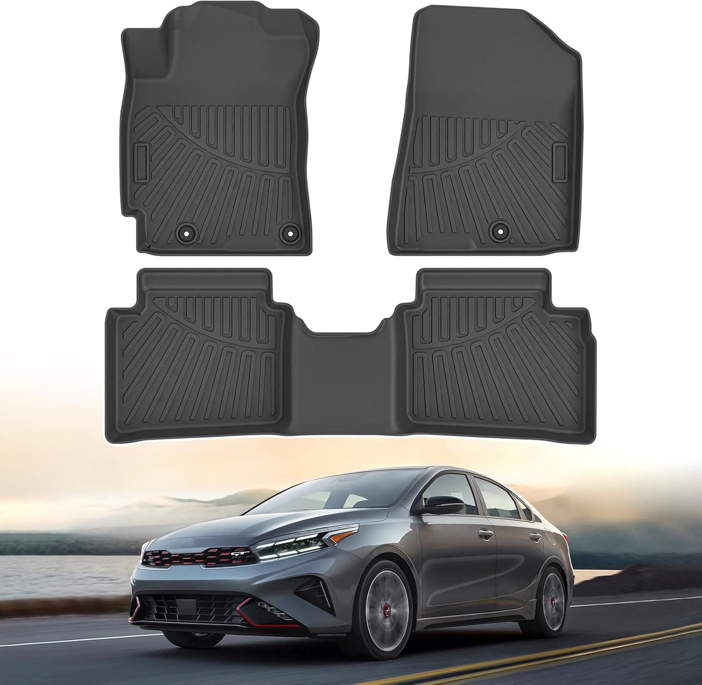 Powerty Floor Mats for 2019-2022 2023 2024 Kia Forte Accessories All Weather Floor Liner 3D TPE 1st & 2nd Row Floor Mat Heavy-Duty Floor Liners