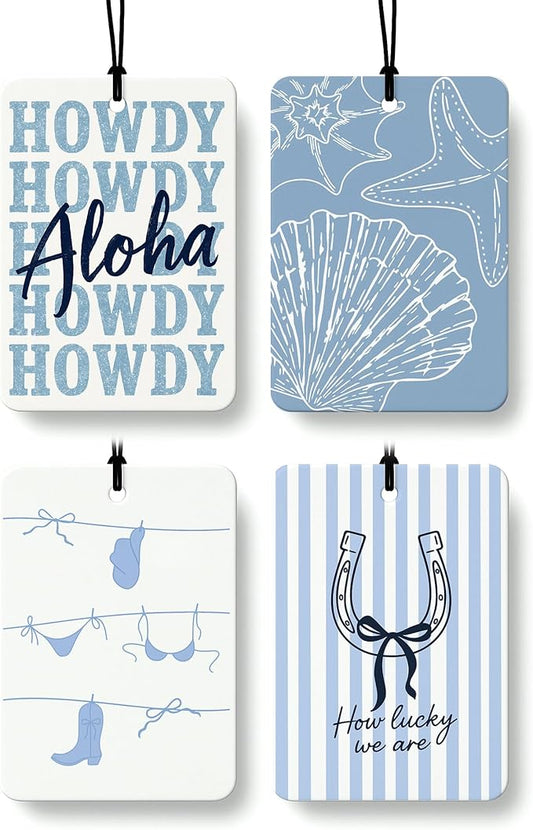 Blue Beach Cowgirl Cologne Car Air Freshener 4 Pcs, Retro Western Coastal Seashell Hanging Air Freshener for Cars Bathroom Dorm Books Decor, Preppy Girly Accessories Gifts for Women Girls