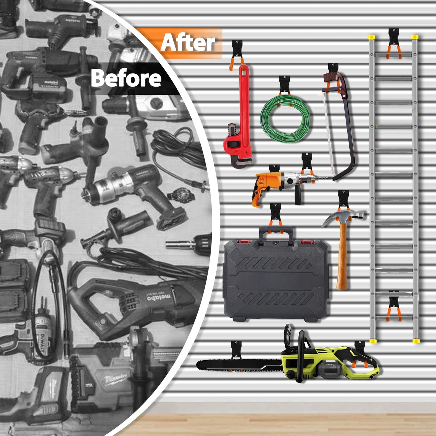 3-H Slatwall Accessories 14 Pack, Slatwall Hooks & Hangers 7 Sizes, Slat Wall Hanging Hooks, Proslat Accessories for Garage Wall Panels Organzing Garden Tools Chairs Ladder(Orange)