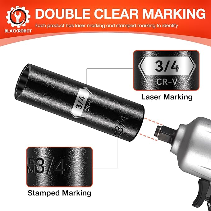 BLACKROBOT 3/4 inch 12-Point Deep Impact Socket, 1/2 Inch Drive, Metric, Cr-V Steel With Black Manganese Phosphate Coating