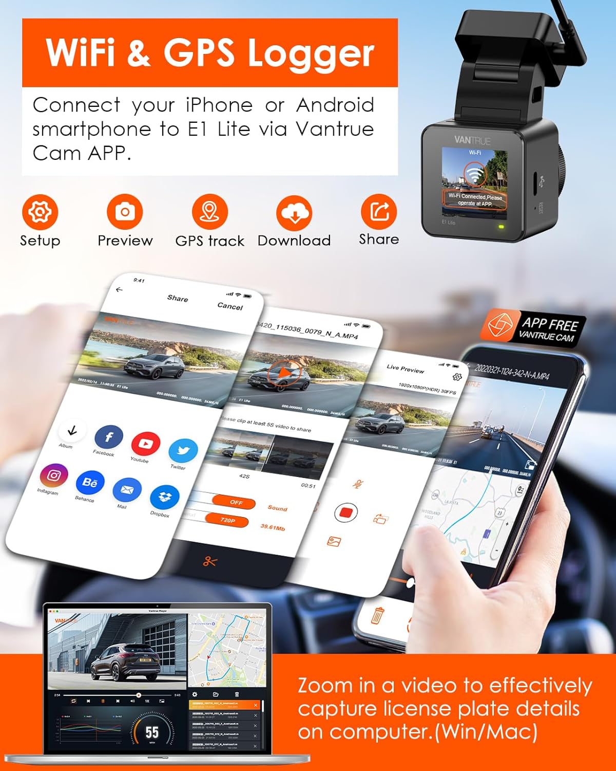 Vantrue E1 Lite 1080P WiFi Mini Dash Cam with GPS and Speed, Free App, Voice Control Detachable Dash Camera, 24 Hours Parking Mode, Night Vision, Motion Detection, Loop Recording, Support 512GB Max