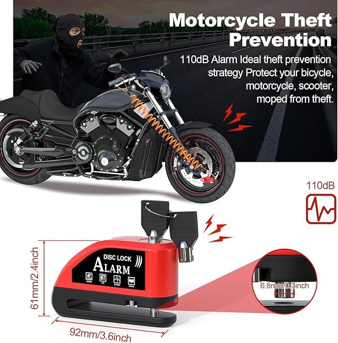 Motorcycle Alarm Disc Brake Lock With Reminder Cable - Rechargeable, 110 dB Sound, Anti-Theft Waterproof, 2 H Fast-Charging, 9 Months Standby, 7 mm Pin Universal for Bikes