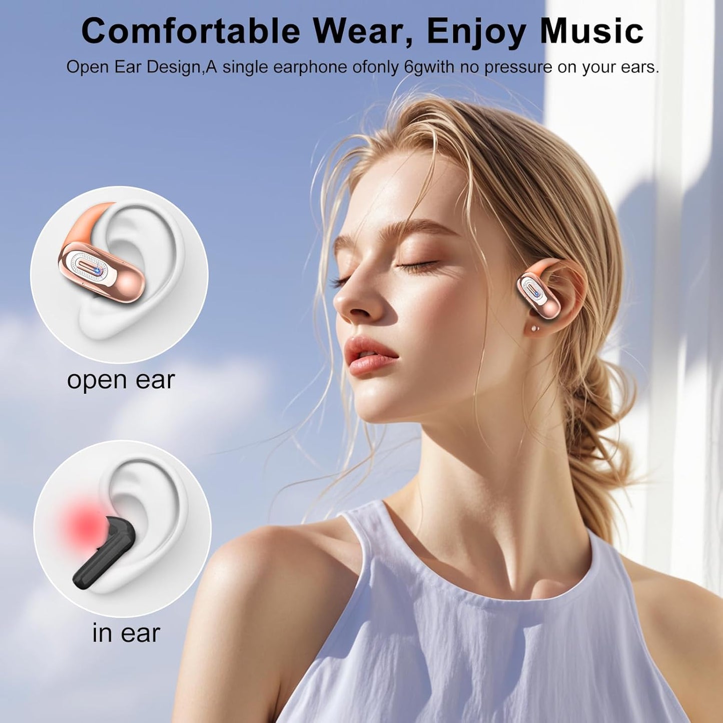 Open Ear Headphones, Bluetooth 5.4 Earbuds, 50H, Air Conduction Ear buds, HD Stereo Bass Over Ear Earphones with Earhooks, Ultra-Comfort Secure Fit, IPX7 Waterproof Headset for Working Sports, Orange