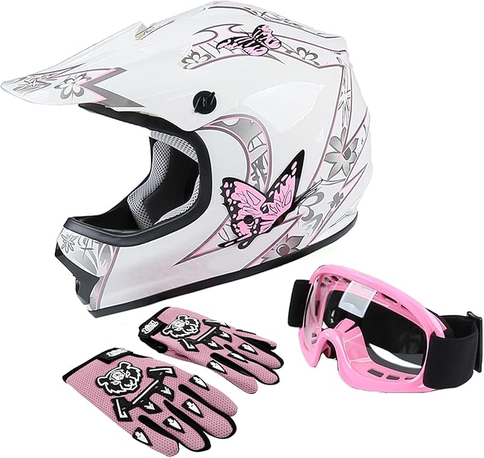 XFMT DOT Youth Kids Dirt Bike Helmet Full Face Motocross Helmets for Off-Road ATV Street Bike Four Wheeler Motorcycle with Goggles & Gloves, Pink Butterfly Medium