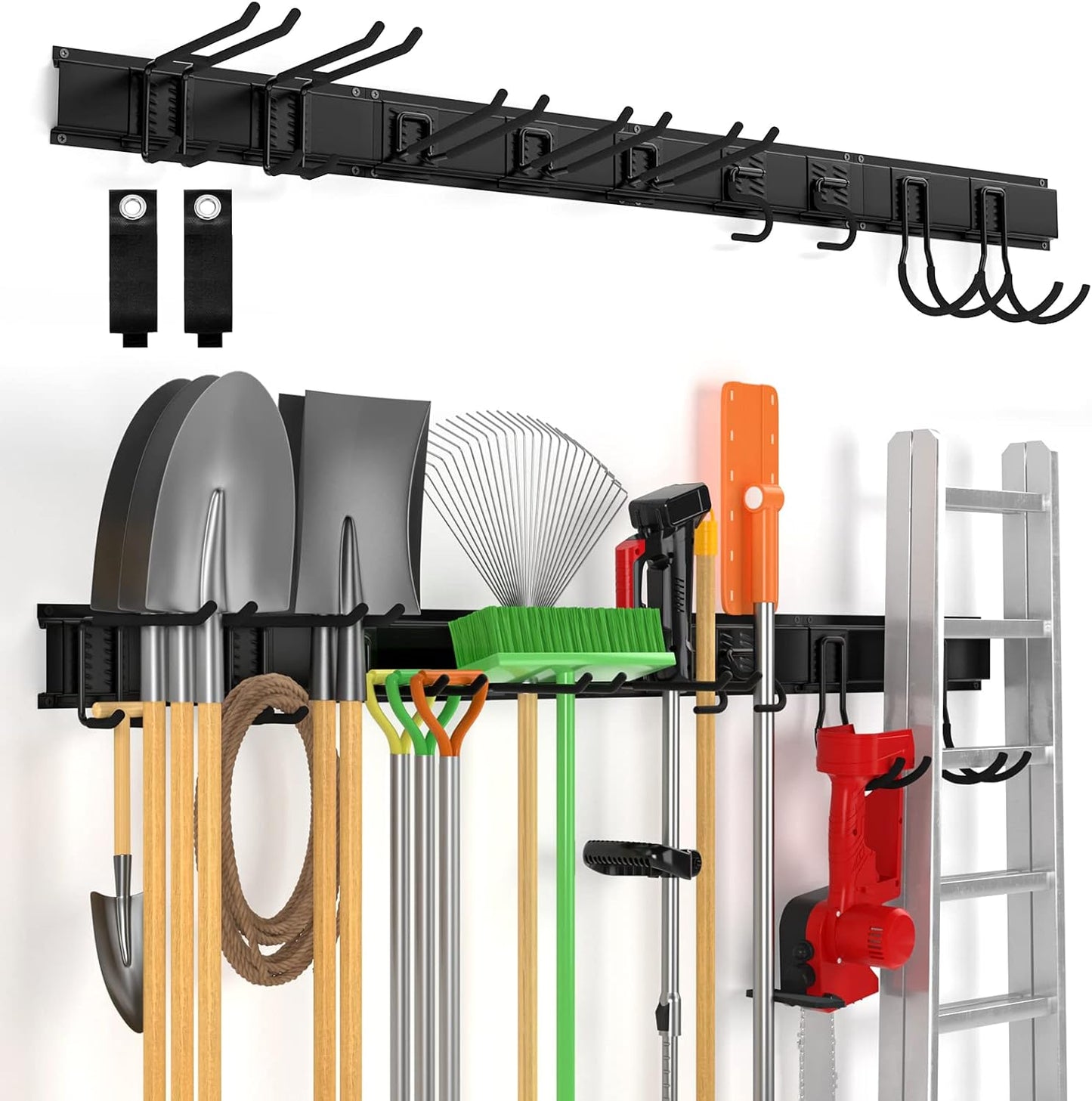 Wall Mount Tool Storage Rack, 15 PCS Heavy Duty Steel Yard Garden Tool Organizer, Garage Tool Organizer Wall Mounted Storage System Hold Up to 550lbs, with 2 Extension Cord