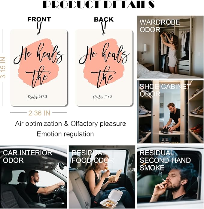 Christian Healing Cologne Car Air Fresheners - Psalm 147:3 Scripture Designs Natural Non Toxic Air Freshener, 4 - Pack Ideal Decor & Gift for Faith - Based Comfort, for Car, Closet & Home
