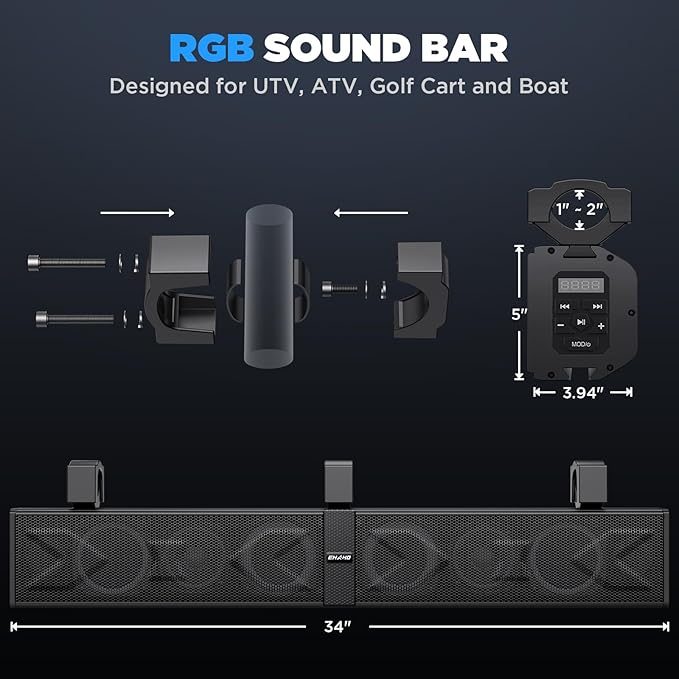 Ehaho 34 Inch UTV Sound Bar, ATV SoundBar Bluetooth with RGB Lighting, IP66 Waterproof Golf Cart Sound Bar, Amplified Powersports SXS SoundBar, UTV Speakers Compatible with Polaris RZR Can-Am
