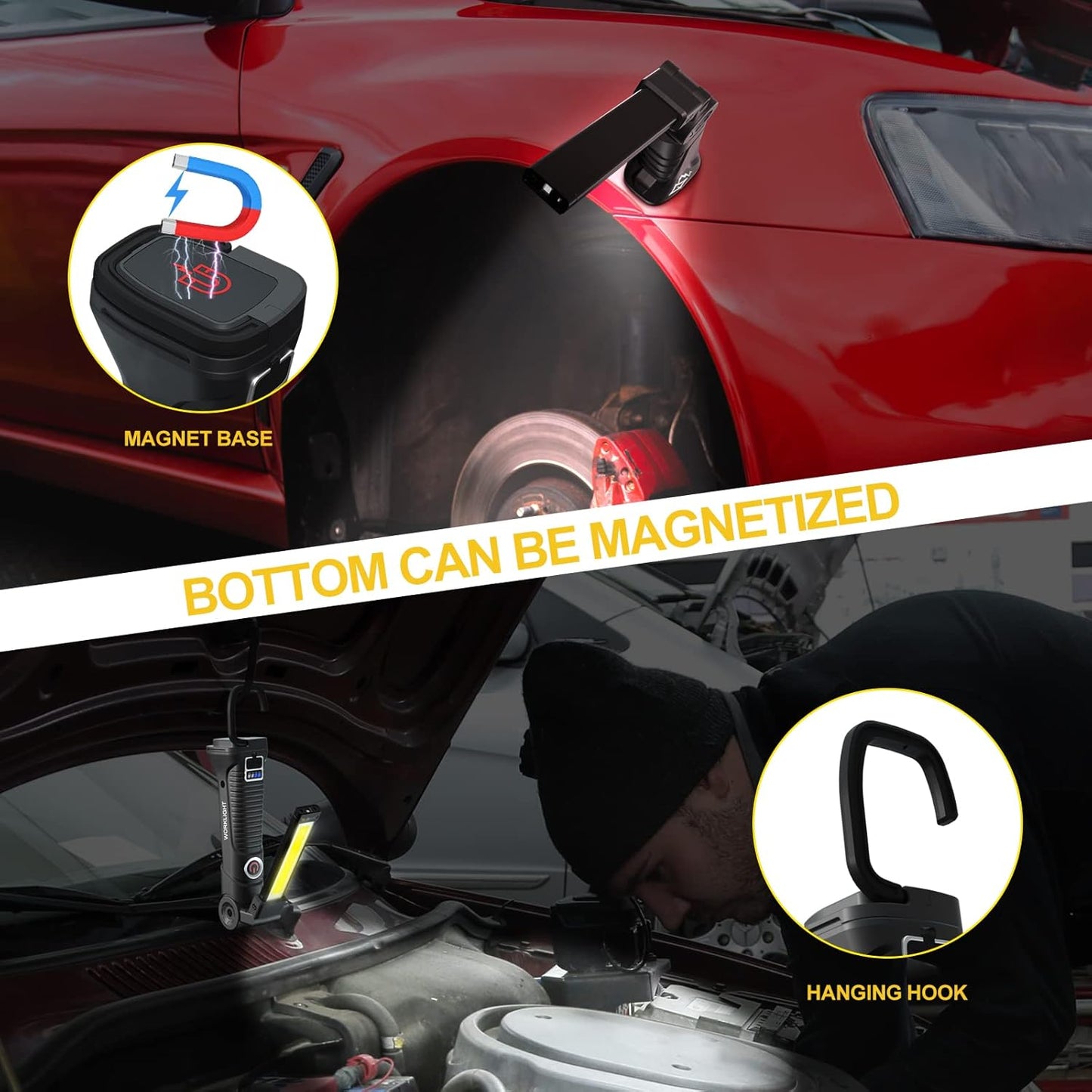 Tool Gifts for Men Dad LED Work Light, 4 Pack Rechargeable Flashlight with Magnetic Base & Hook, Battery Display, 360° Rotation, 5 Modes Folding Work Light for Mechanics, Garage, Repairing