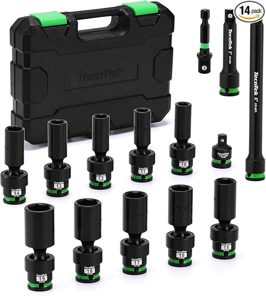 14 PCS 3/8" Drive Deep Universal Impact Socket Set, Swivel Socket Set, 10-19mm, Metric Socket Set with Flexible Wobble, Cr-Mo Steel, Includes Extension Bars and Adapter