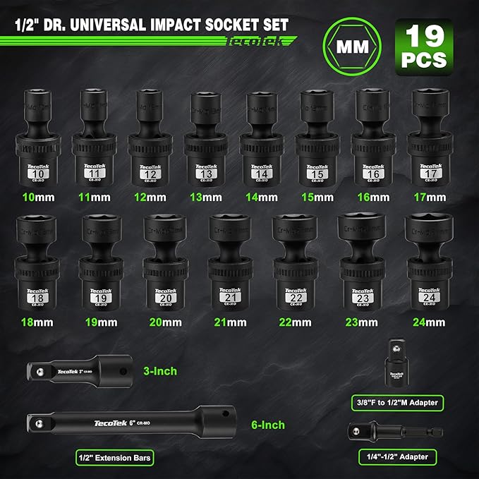 19 PCS 1/2" Drive Shallow Universal Impact Socket Set, Swivel Socket Set, Metric Socket Set with Flexible Wobble, 10-24mm, Cr-Mo Steel, Includes Extension Bars and Adapter