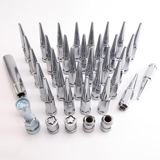 M14 x 2mm Wheel Locks Set, Fit for F-150 Heritage, F-350, Excursion, Mark LT, Wheel Locks and Lug Nuts, 4 Locking Lug Nuts 2 Pcs Key with 32Pcs Spike +1 Key, Chrome